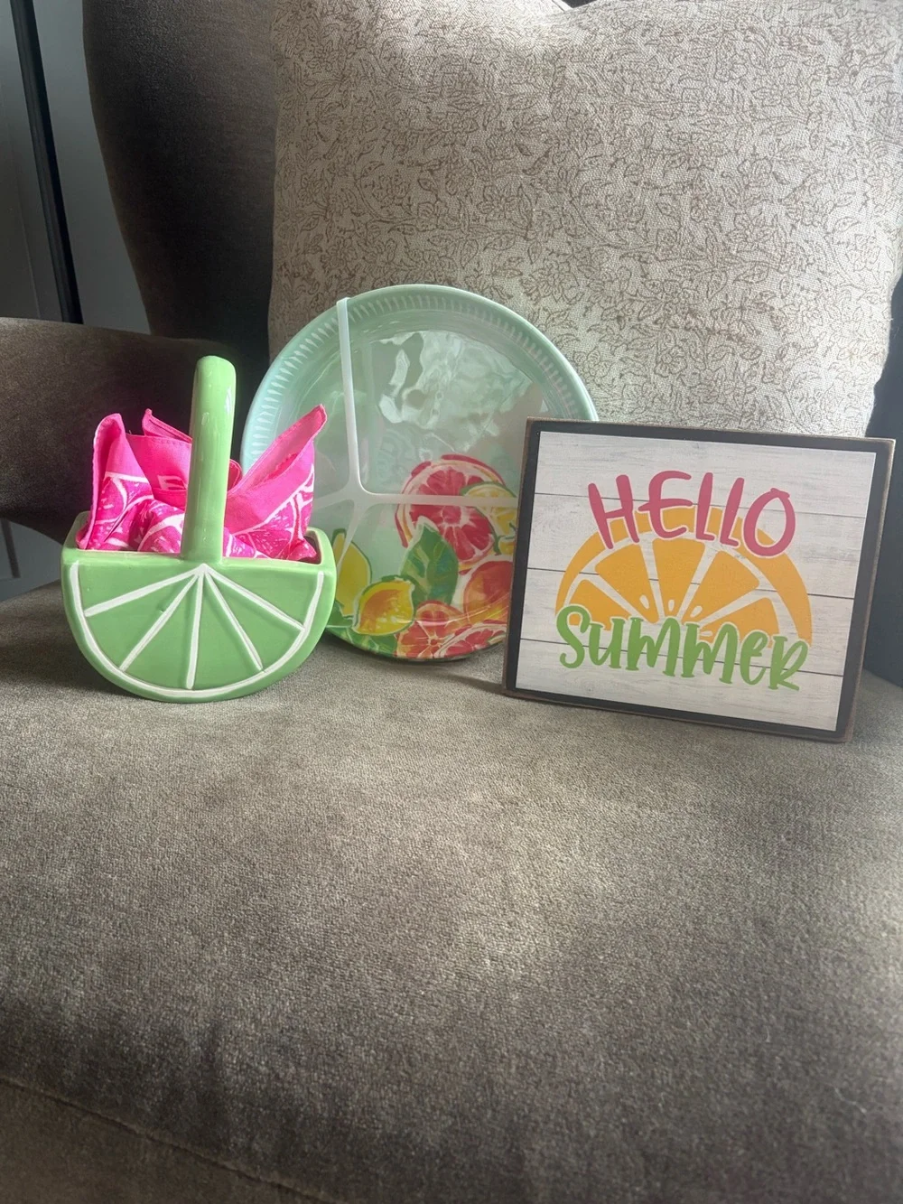 Hello Summer Lime Green Party Plates with colorful accessories.